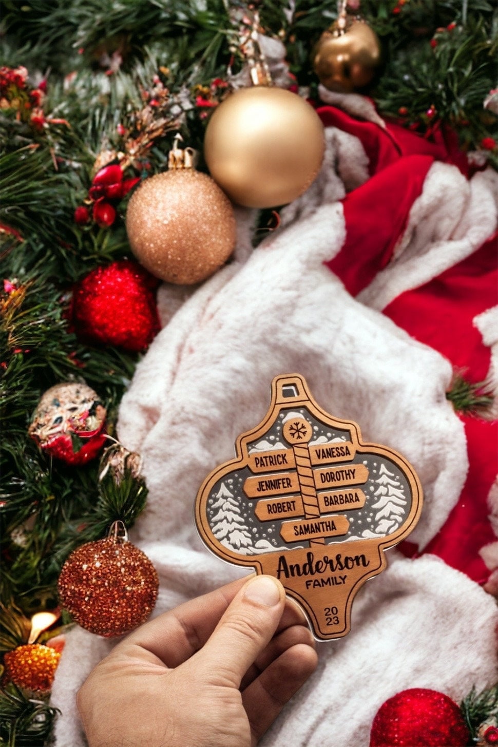 Personalized Family Ornament, North Pole Wooden with Clear Acrylic Backing