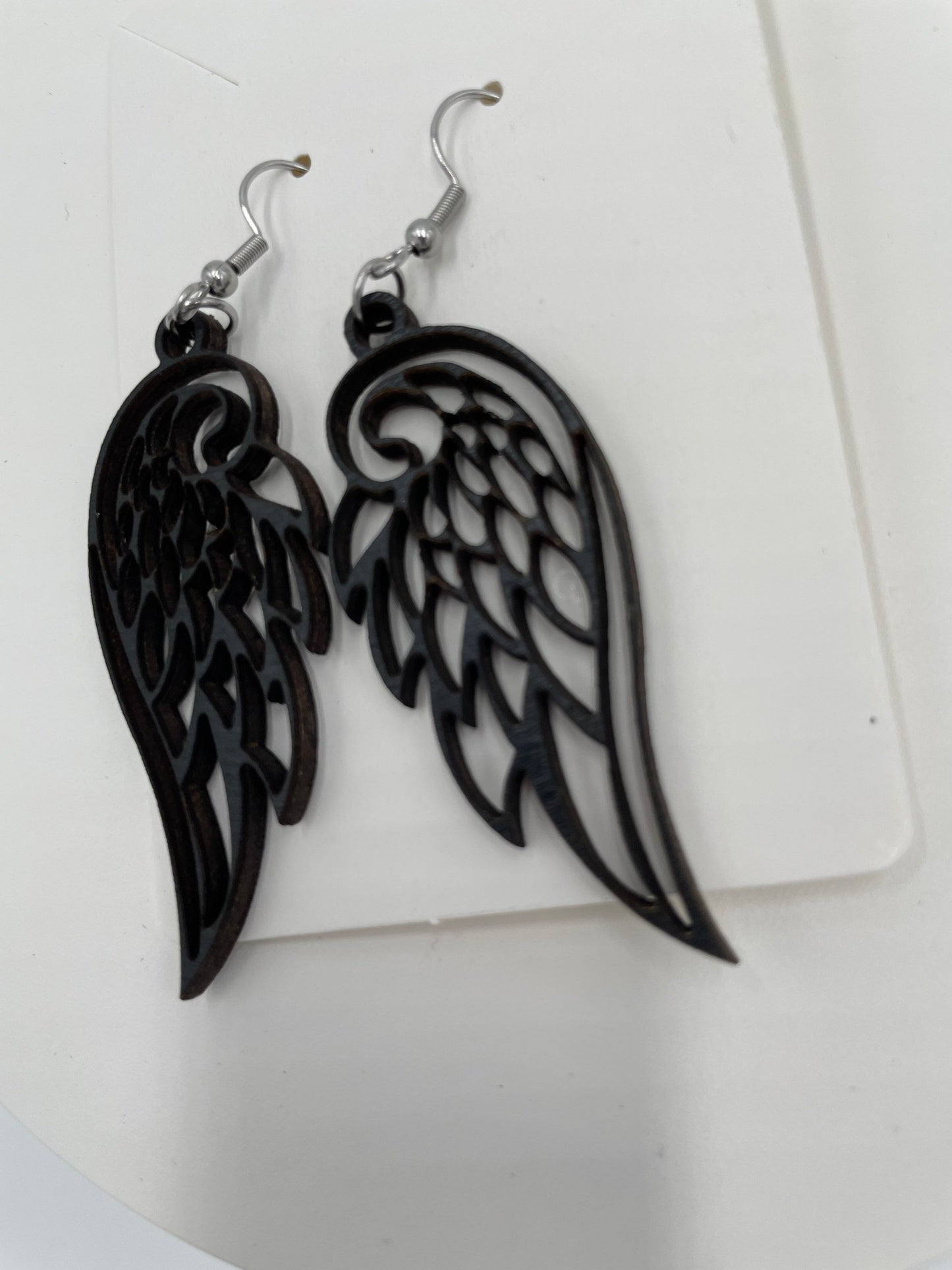 Black Angel Wings Earrings, Goth Style Raven, Hypoallergenic Stainless Steel, Lightweight Wood