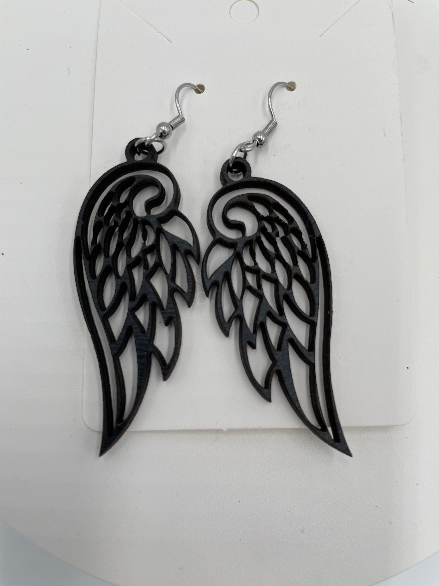 Black Angel Wings Earrings, Goth Style Raven, Hypoallergenic Stainless Steel, Lightweight Wood