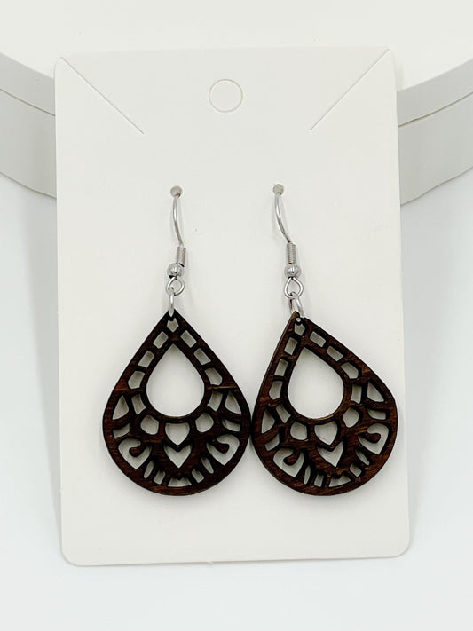 Wooden Earrings, Mandala Style, Hypoallergenic Stainless Steel