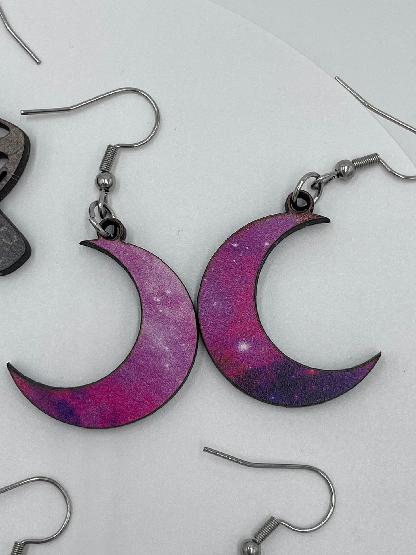 Moon Galaxy Wooden Earrings, Hypoallergenic Stainless Steel