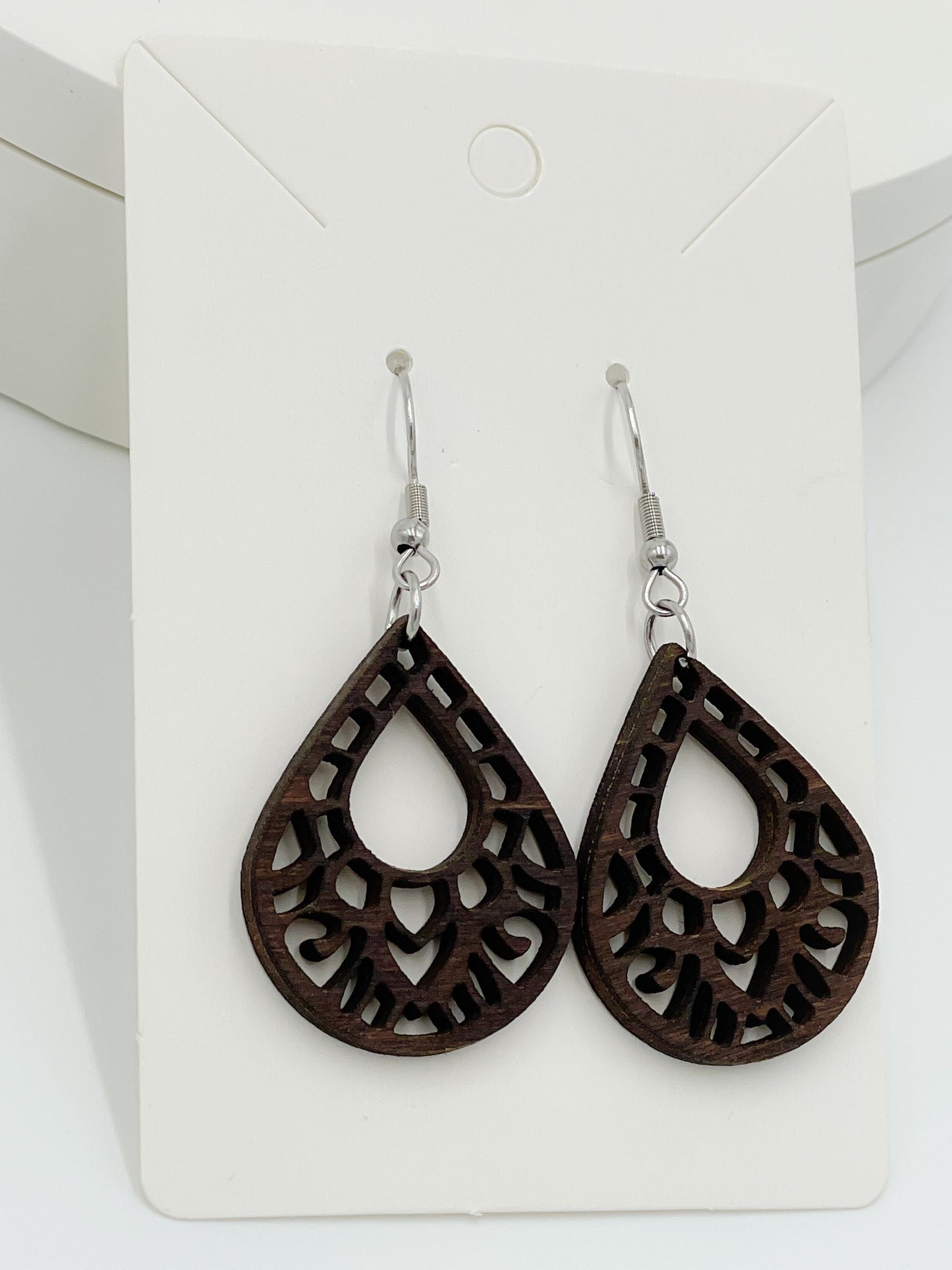 Wooden Earrings, Mandala Style, Hypoallergenic Stainless Steel