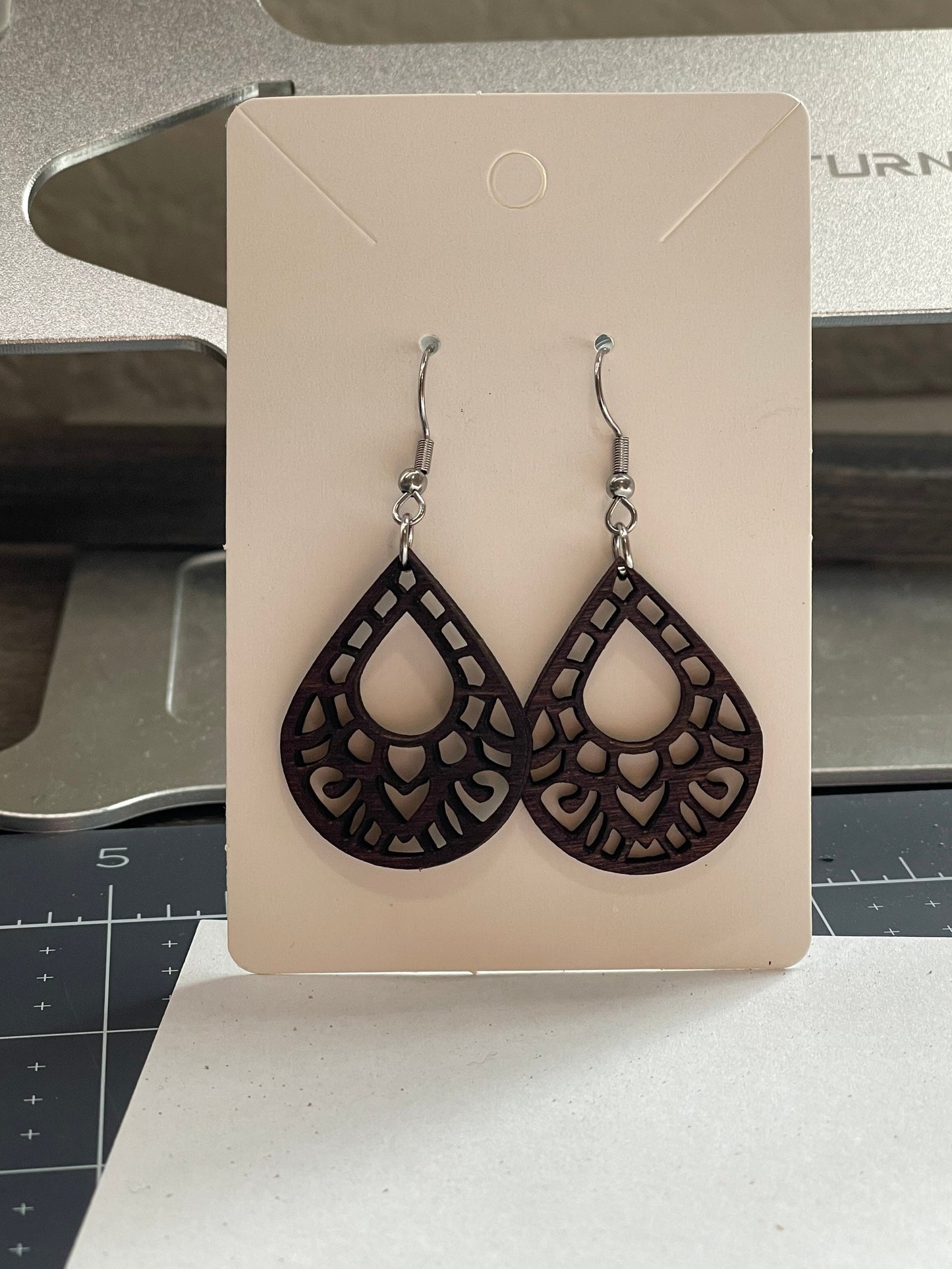 Wooden Earrings, Mandala Style, Hypoallergenic Stainless Steel