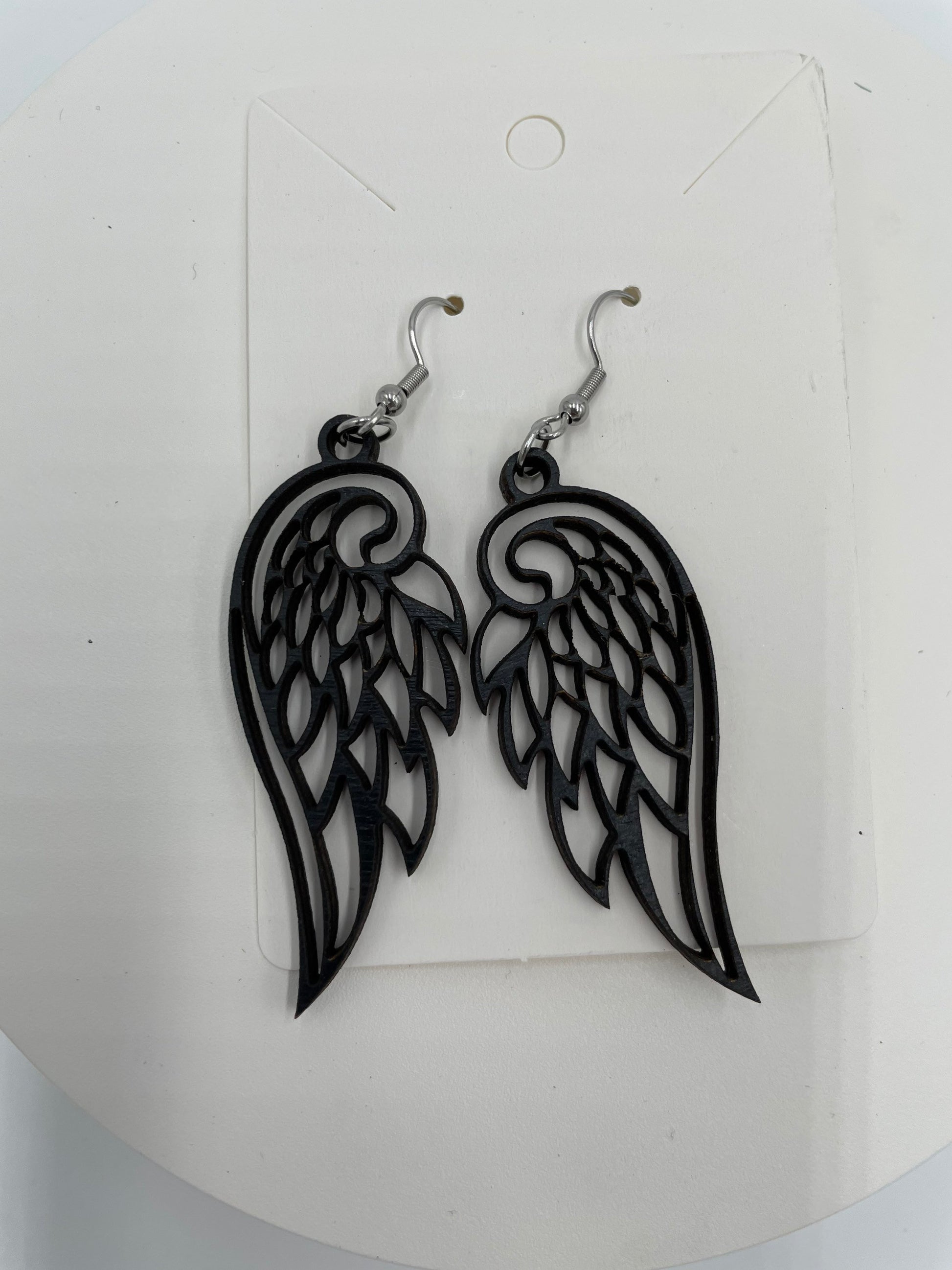 Black Angel Wings Earrings, Goth Style Raven, Hypoallergenic Stainless Steel, Lightweight Wood