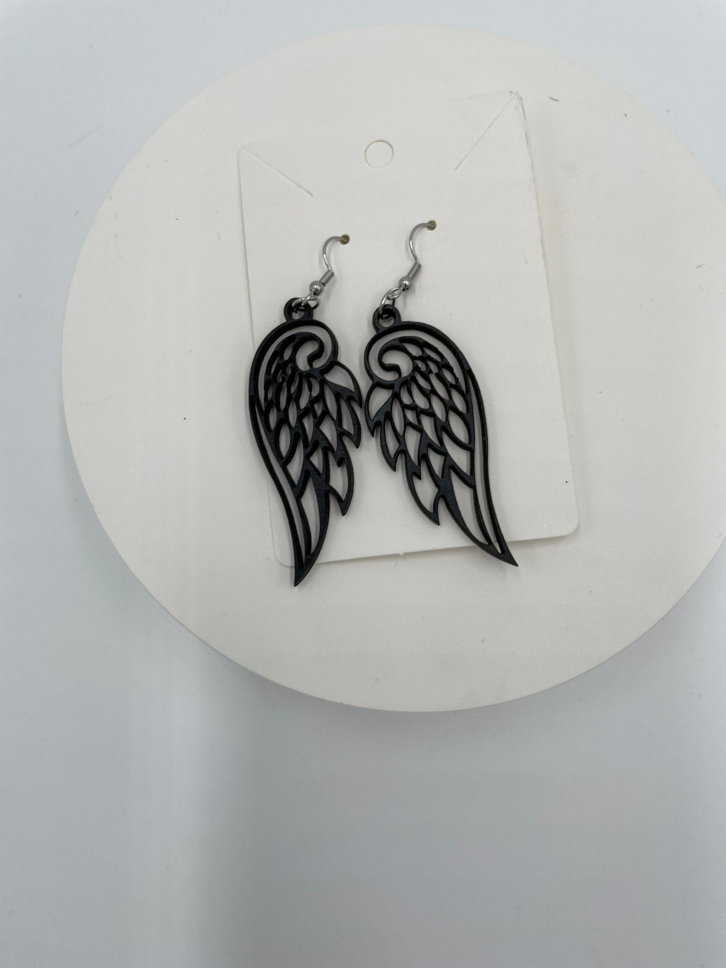 Black Angel Wings Earrings, Goth Style Raven, Hypoallergenic Stainless Steel, Lightweight Wood