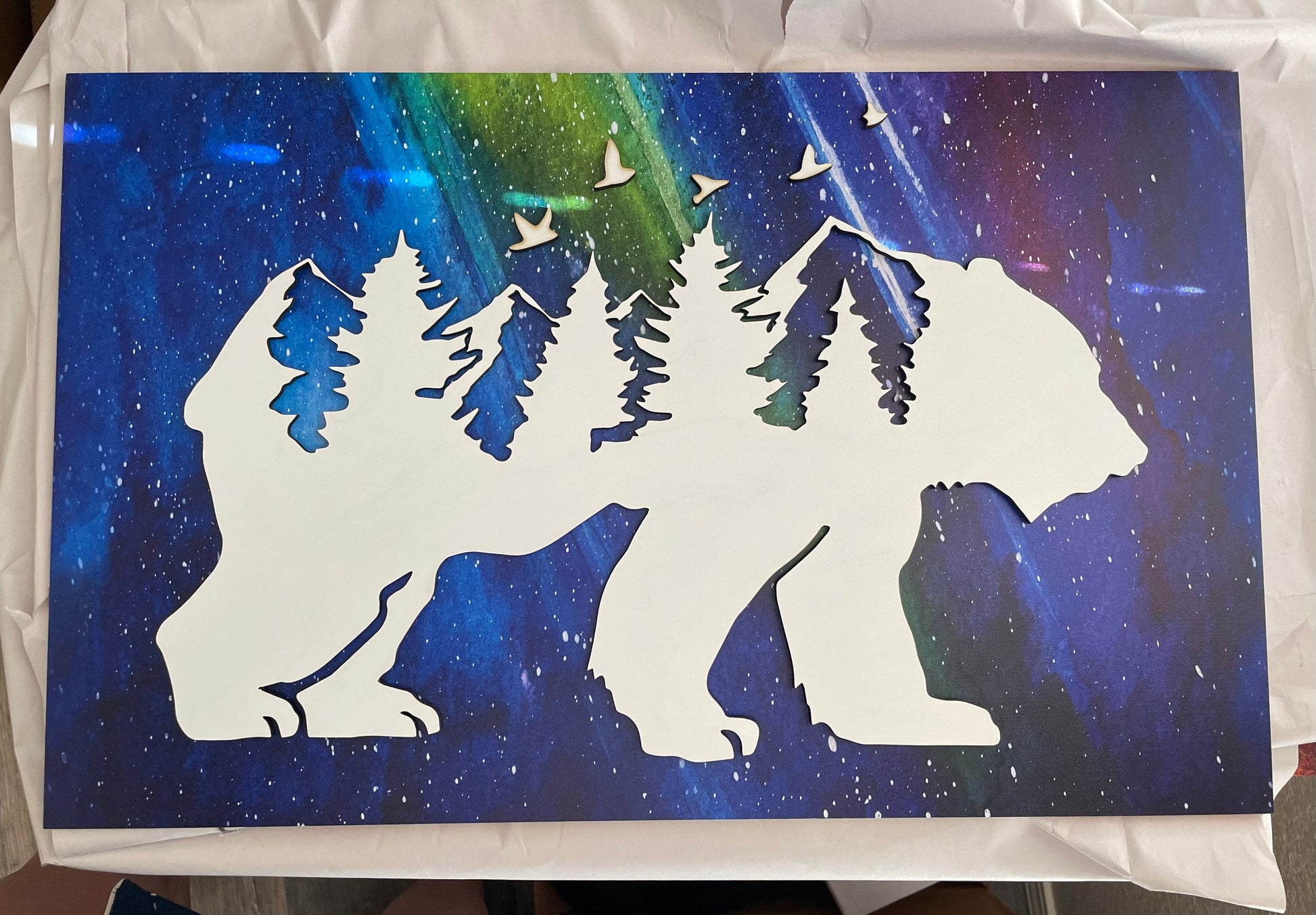 Northern Lights Bear and Forest Wood Wall Art