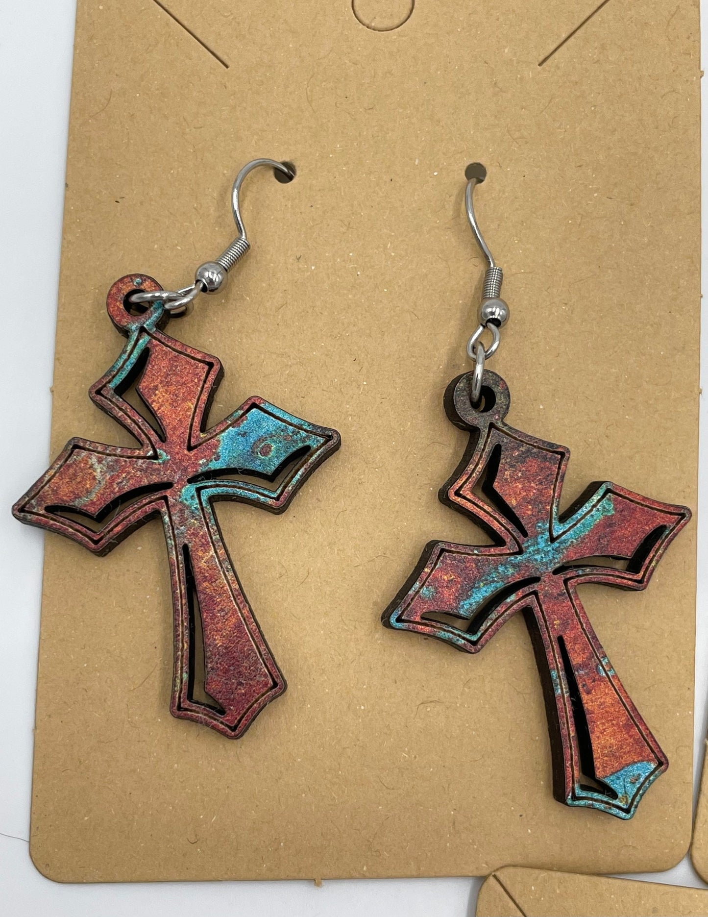 Cross Earrings, Rustic Style,  Hypoallergenic Stainless Steel