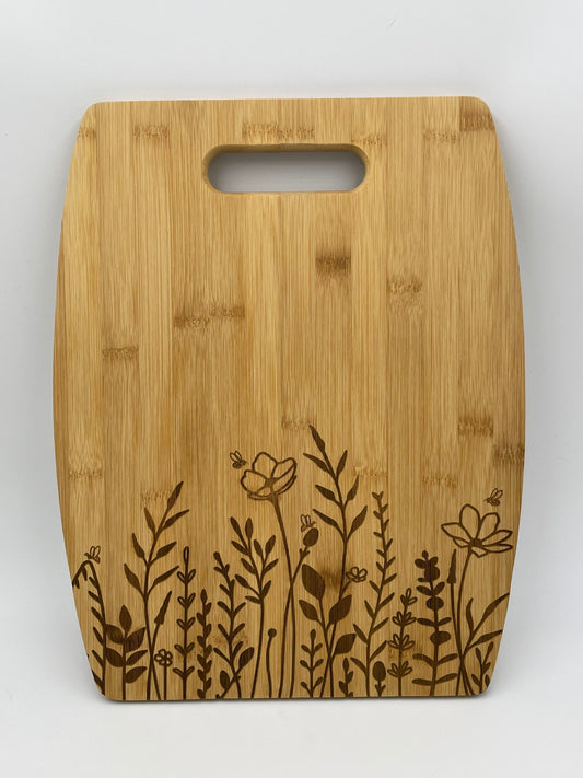 Engraved Wildflower and Bee Bamboo Cutting Board, Home Decor