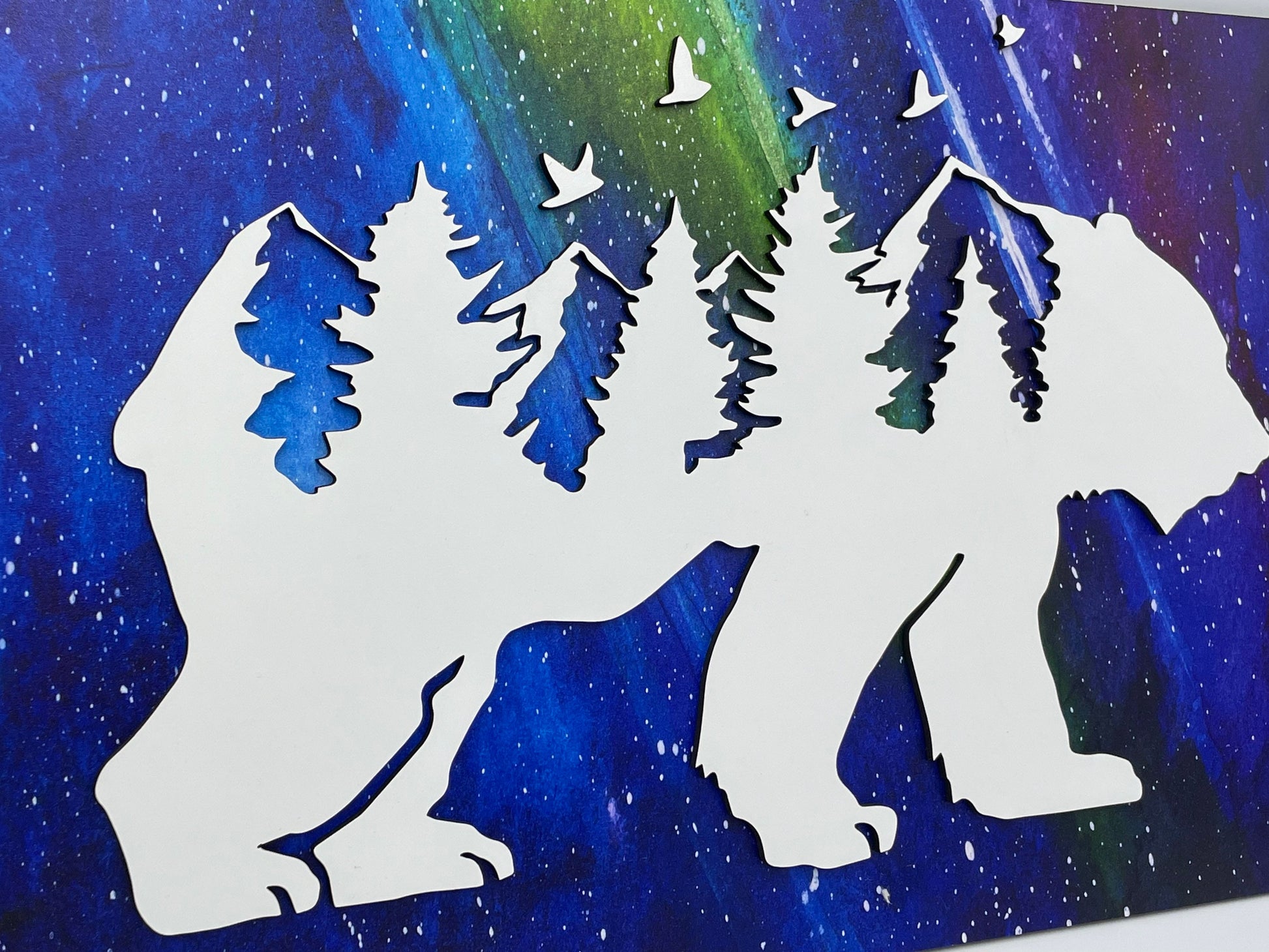 Northern Lights Bear and Forest Wood Wall Art