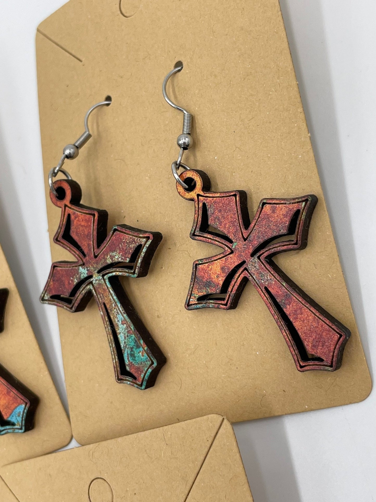 Cross Earrings, Rustic Style,  Hypoallergenic Stainless Steel