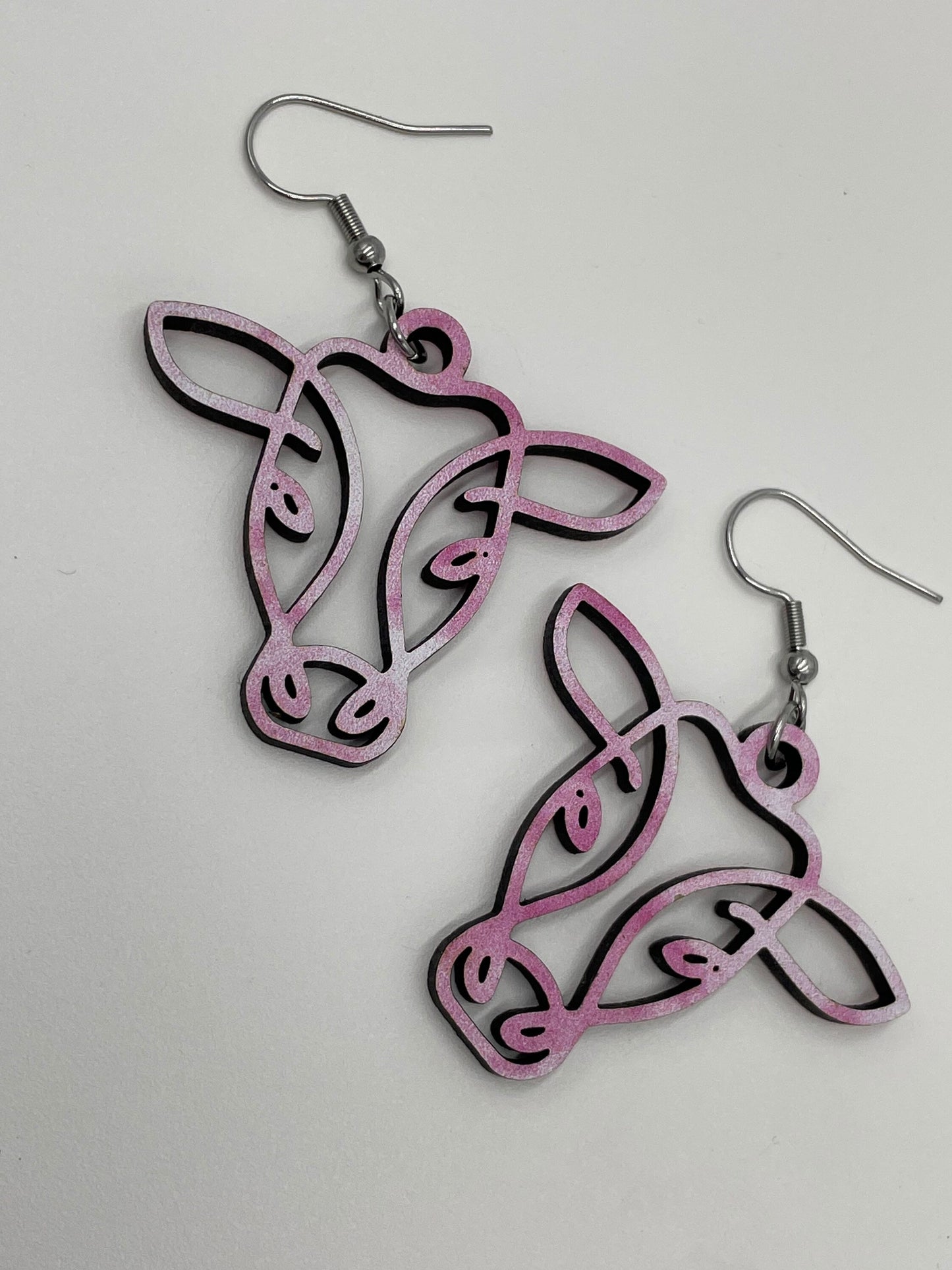 Cow Earrings, Pink and White Wooden, Hypoallergenic Stainless Steel