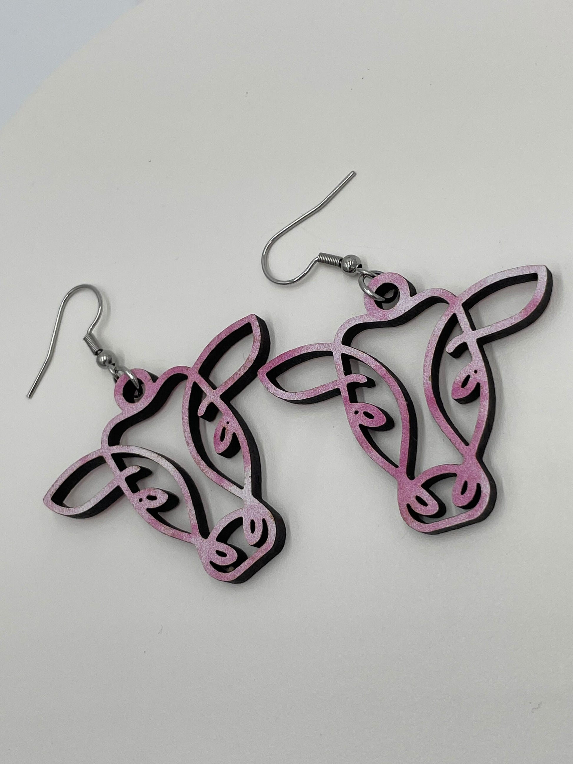 Cow Earrings, Pink and White Wooden, Hypoallergenic Stainless Steel