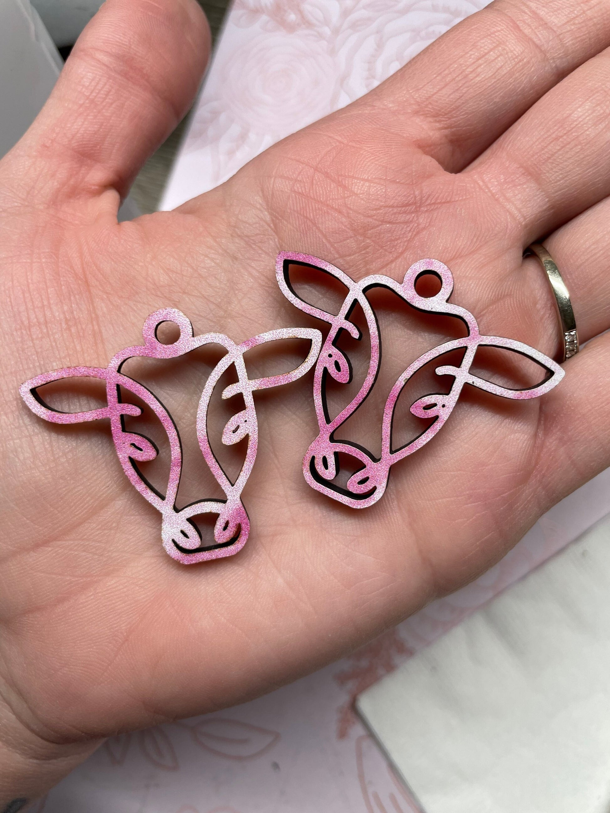 Cow Earrings, Pink and White Wooden, Hypoallergenic Stainless Steel