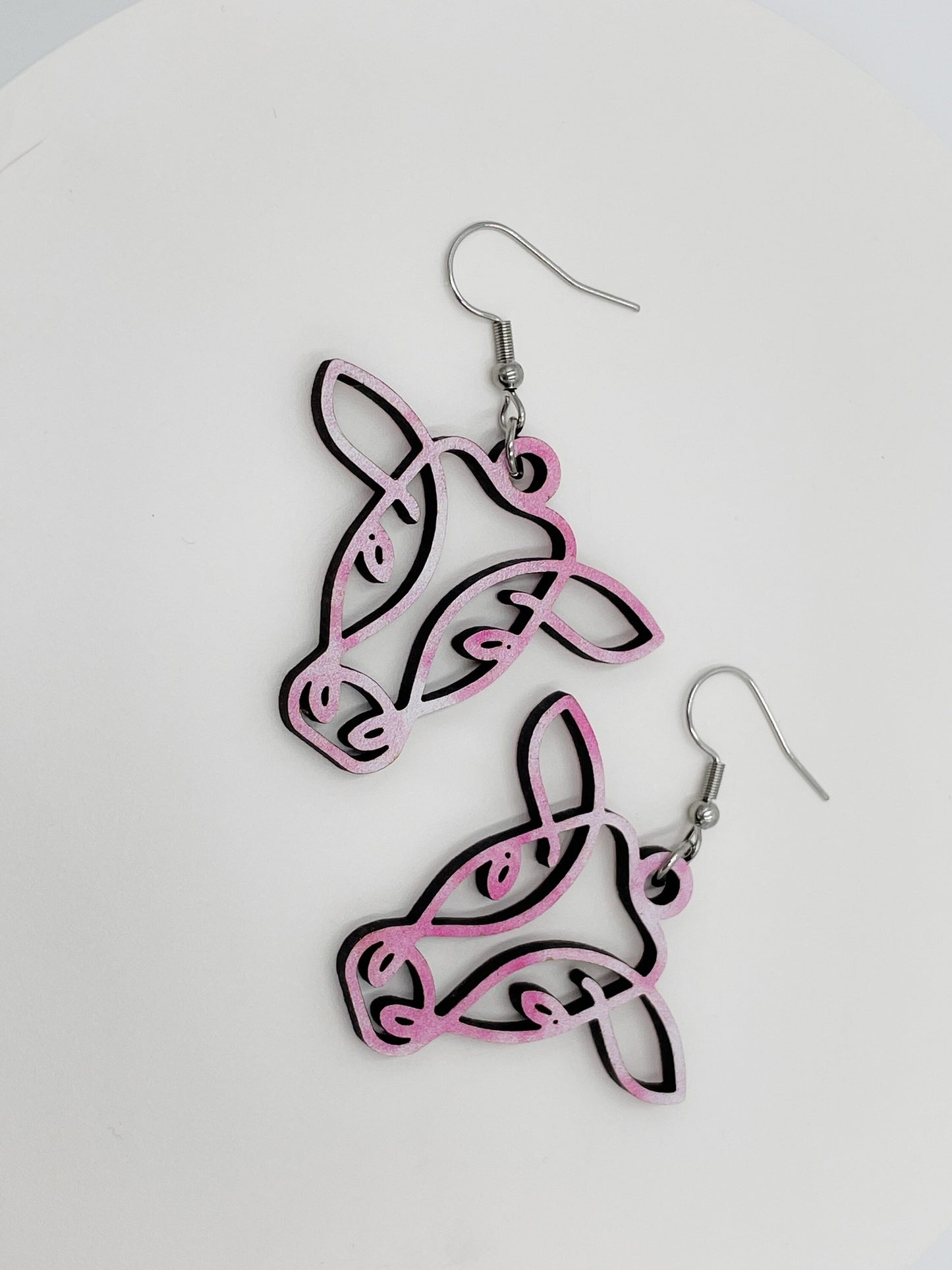 Cow Earrings, Pink and White Wooden, Hypoallergenic Stainless Steel