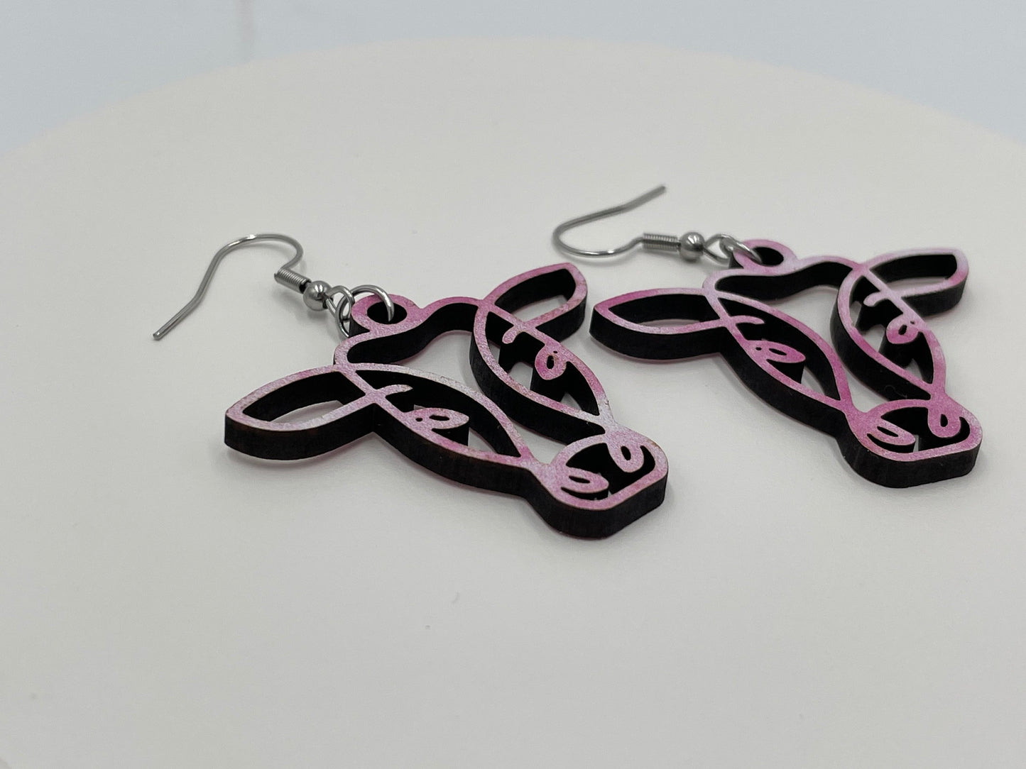 Cow Earrings, Pink and White Wooden, Hypoallergenic Stainless Steel