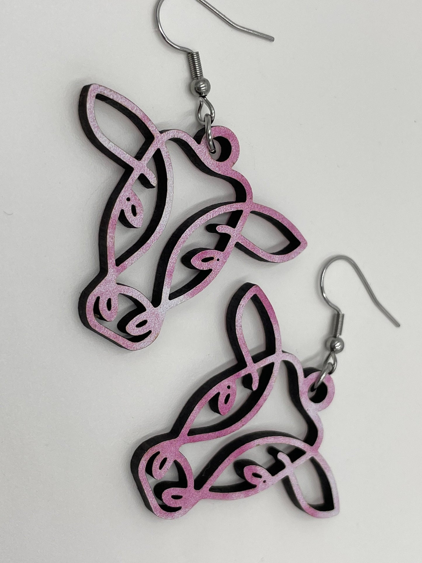 Cow Earrings, Pink and White Wooden, Hypoallergenic Stainless Steel