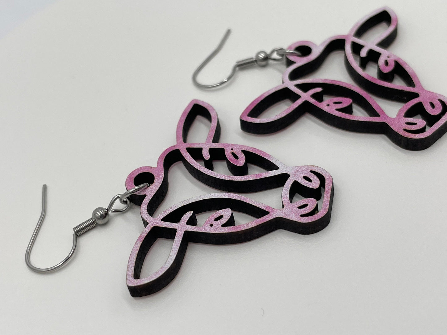 Cow Earrings, Pink and White Wooden, Hypoallergenic Stainless Steel