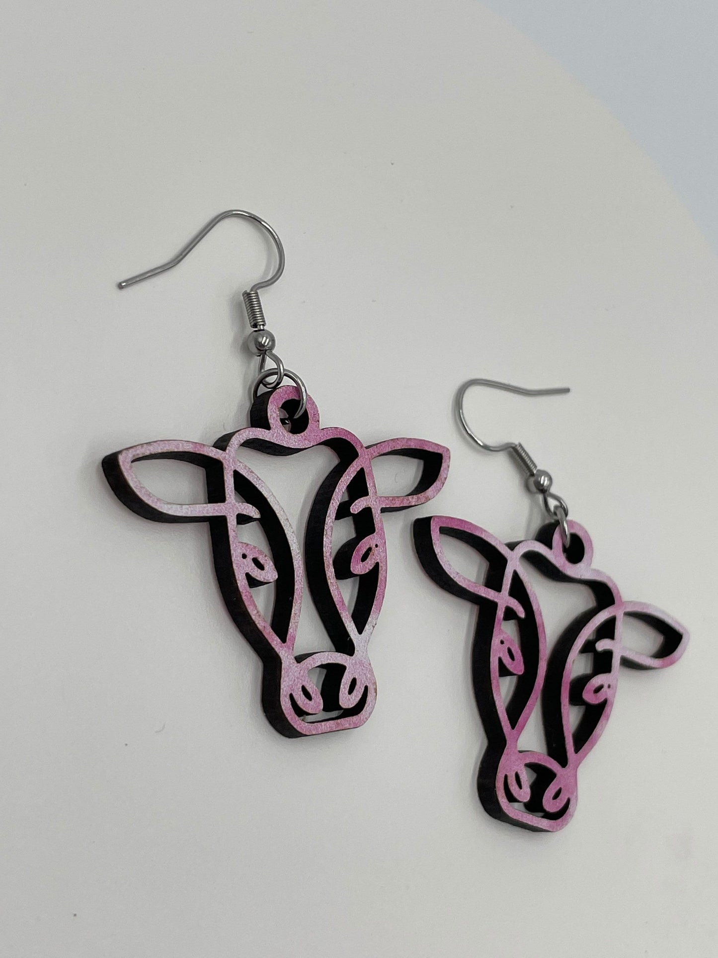 Cow Earrings, Pink and White Wooden, Hypoallergenic Stainless Steel