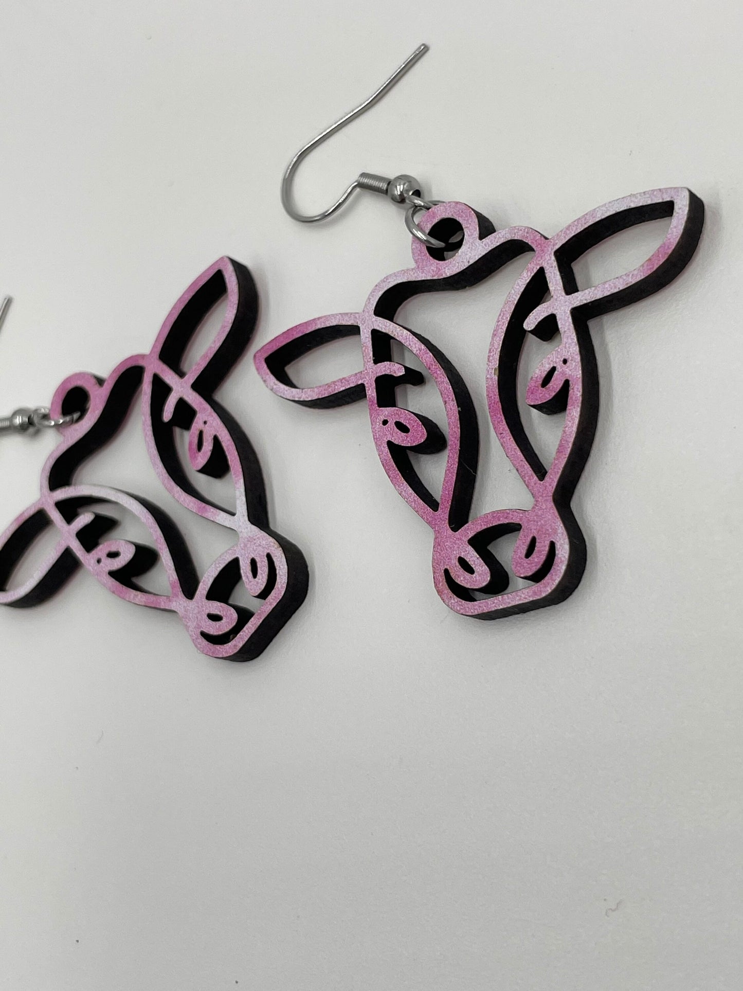 Cow Earrings, Pink and White Wooden, Hypoallergenic Stainless Steel