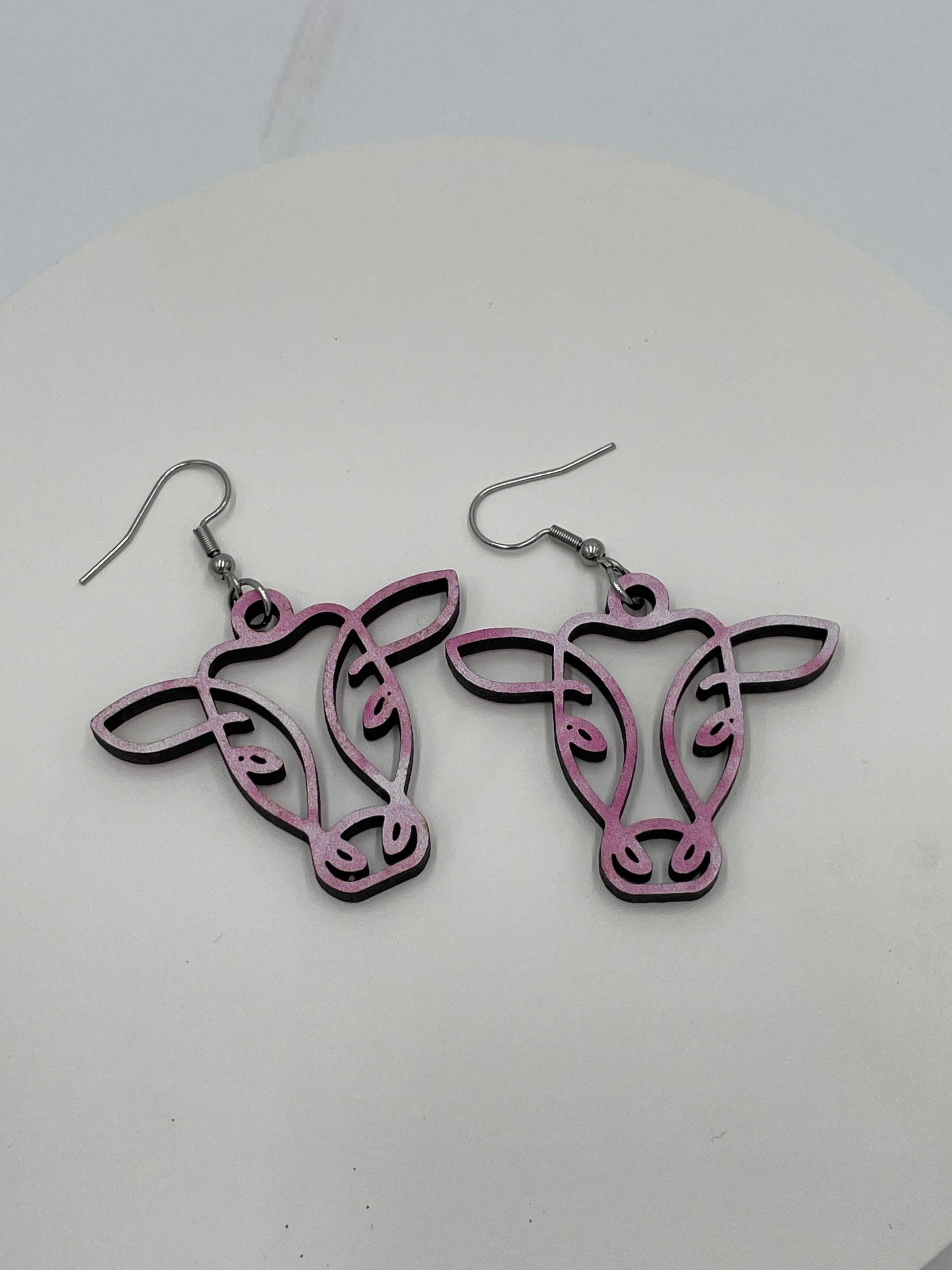 Cow Earrings, Pink and White Wooden, Hypoallergenic Stainless Steel