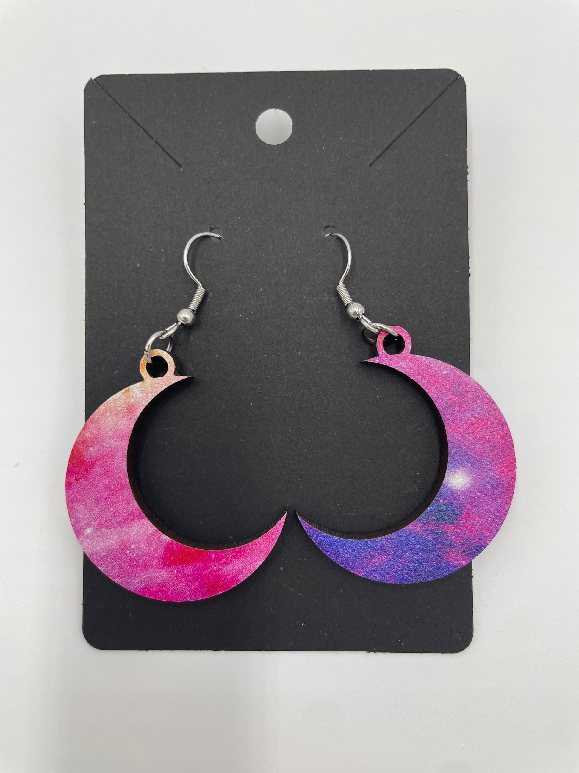 Moon Galaxy Wooden Earrings, Hypoallergenic Stainless Steel