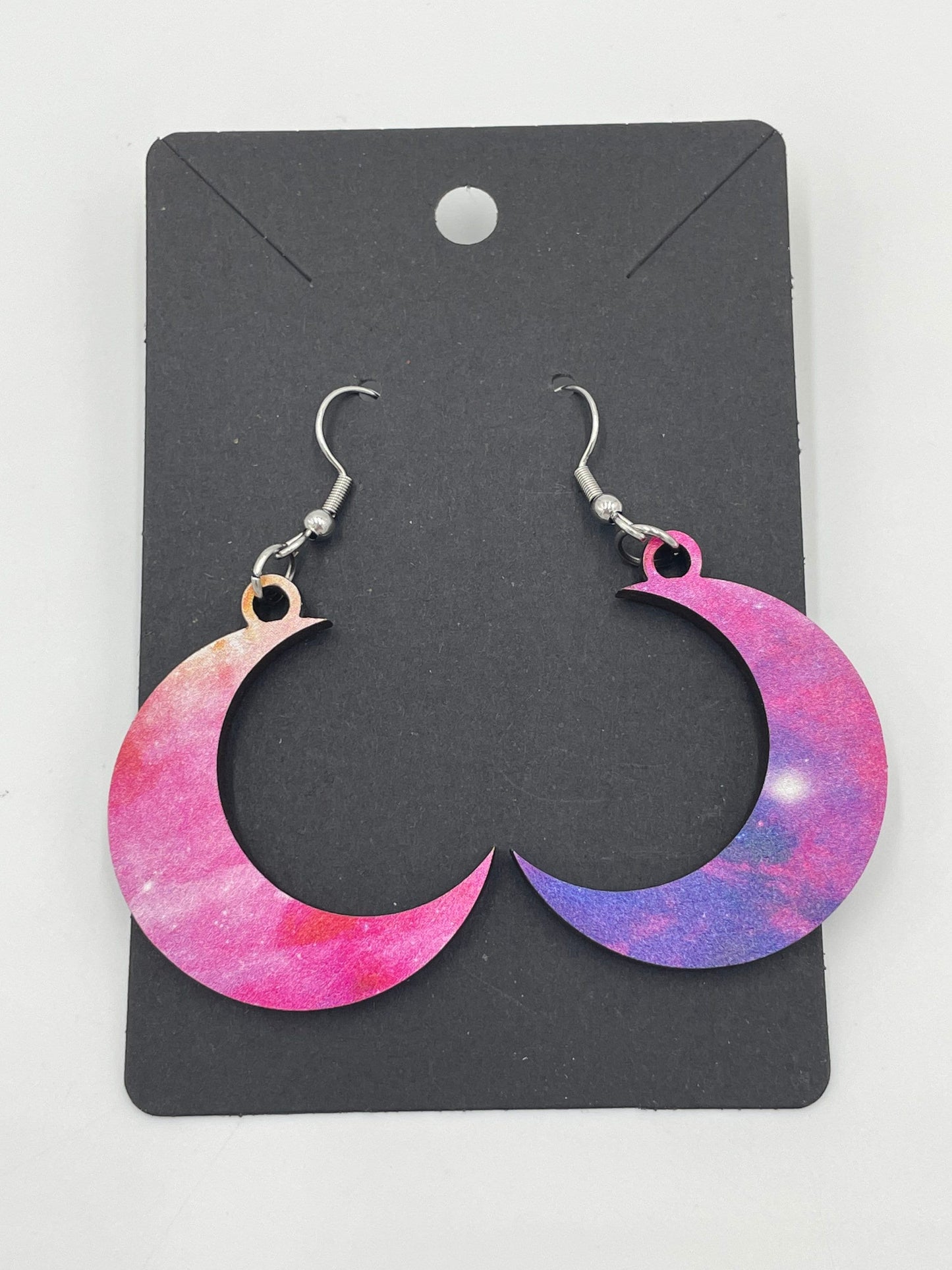 Moon Galaxy Wooden Earrings, Hypoallergenic Stainless Steel