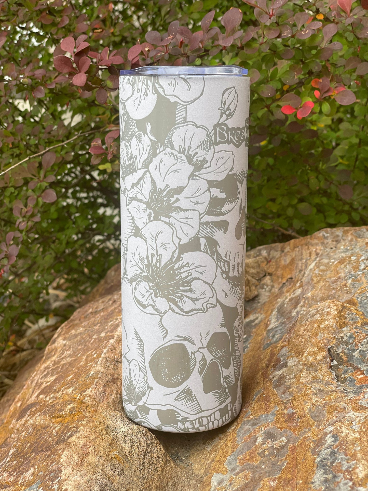 Engraved 20oz Stainless Steel Skinny Tumbler, Skull and Flowers, Custom, Free Personalization Optional