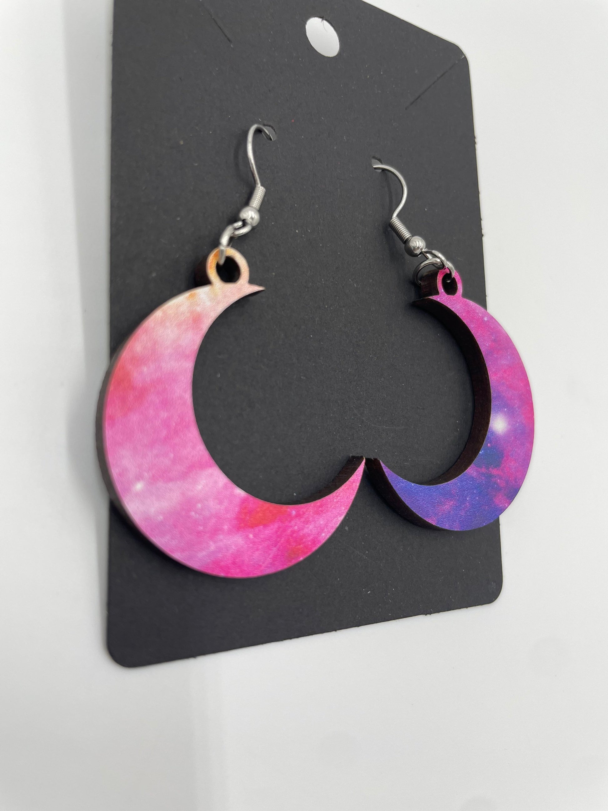 Moon Galaxy Wooden Earrings, Hypoallergenic Stainless Steel