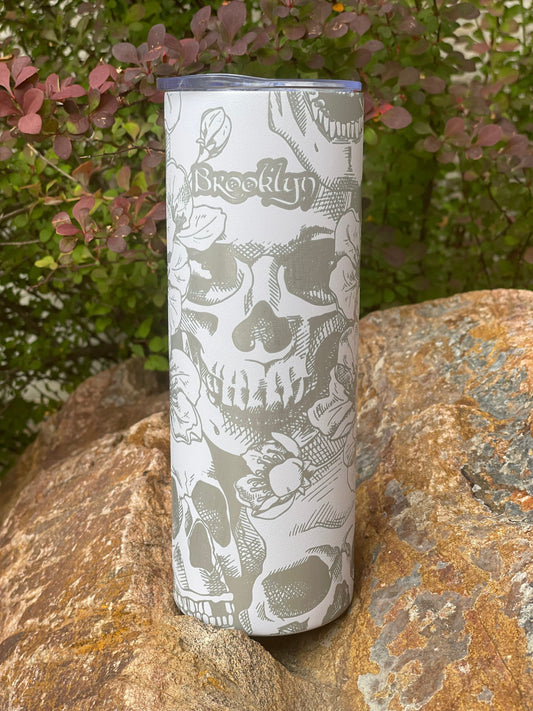 Engraved 20oz Stainless Steel Skinny Tumbler, Skull and Flowers, Custom, Free Personalization Optional