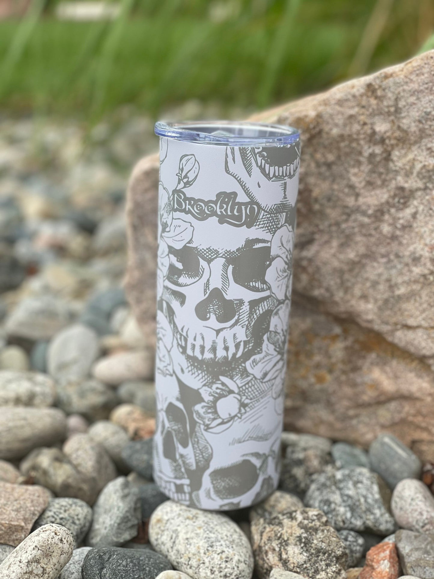 Engraved 20oz Stainless Steel Skinny Tumbler, Skull and Flowers, Custom, Free Personalization Optional