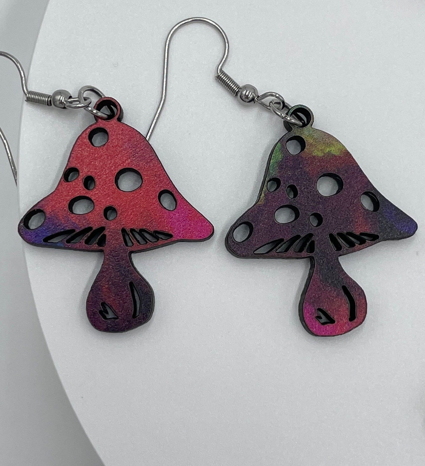 Colorful Wooden Mushroom Earrings, Hypoallergenic