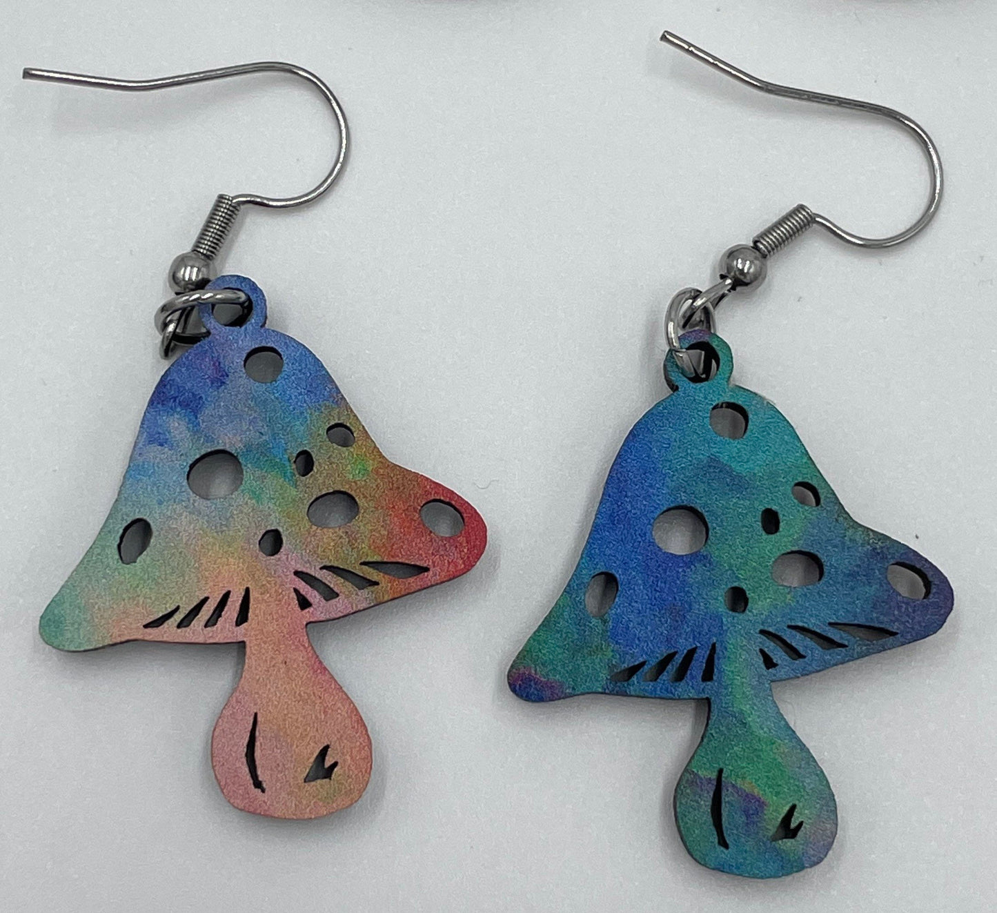 Colorful Wooden Mushroom Earrings, Hypoallergenic