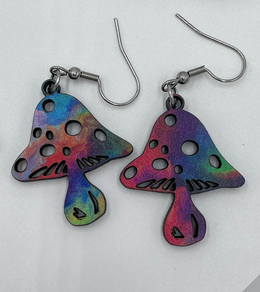 Colorful Wooden Mushroom Earrings, Hypoallergenic