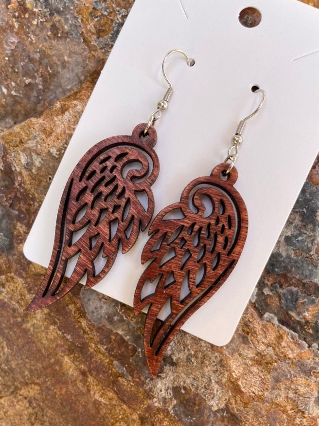 Angel Wings Earrings, Wooden Bird Earrings, Hypoallergenic