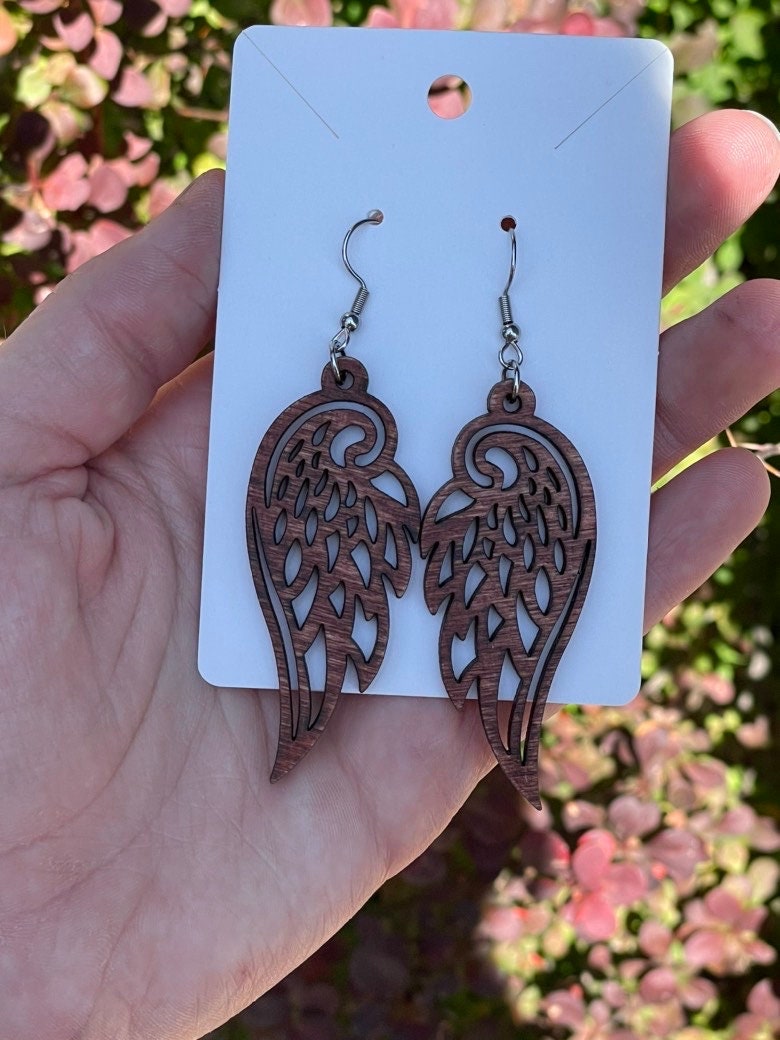 Angel Wings Earrings, Wooden Bird Earrings, Hypoallergenic