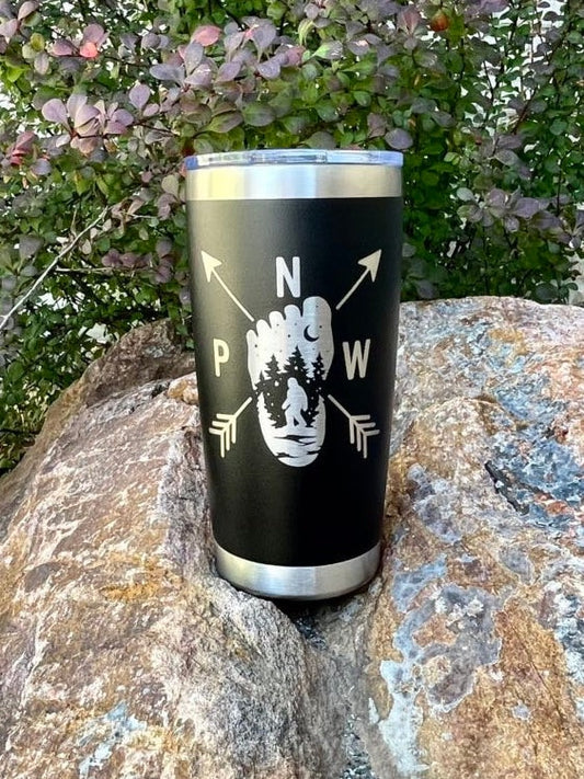 Bigfoot Compass Tumbler, Laser Engraved 20 oz Stainless Steel Tumbler