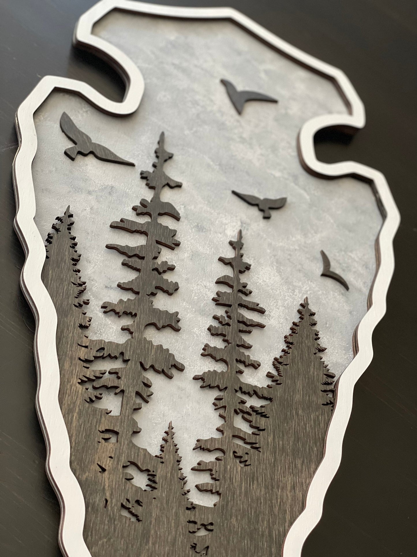 Arrowhead Shaped Wall Art, Layered Wood, Mountains, Trees and Birds