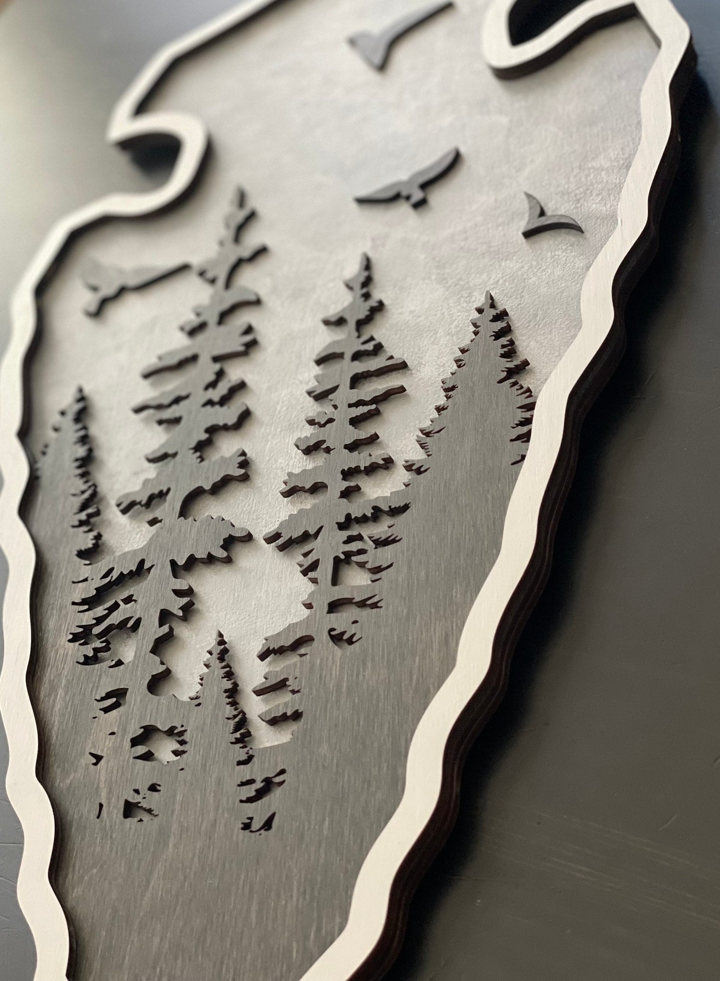 Arrowhead Shaped Wall Art, Layered Wood, Mountains, Trees and Birds