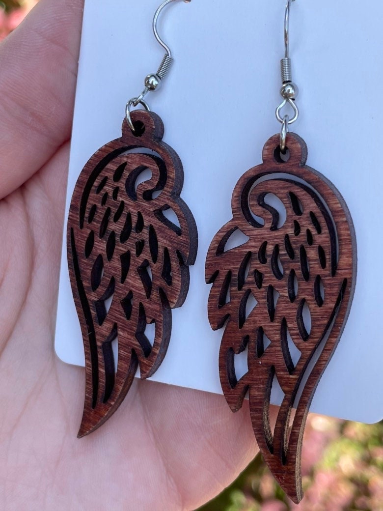 Angel Wings Earrings, Wooden Bird Earrings, Hypoallergenic