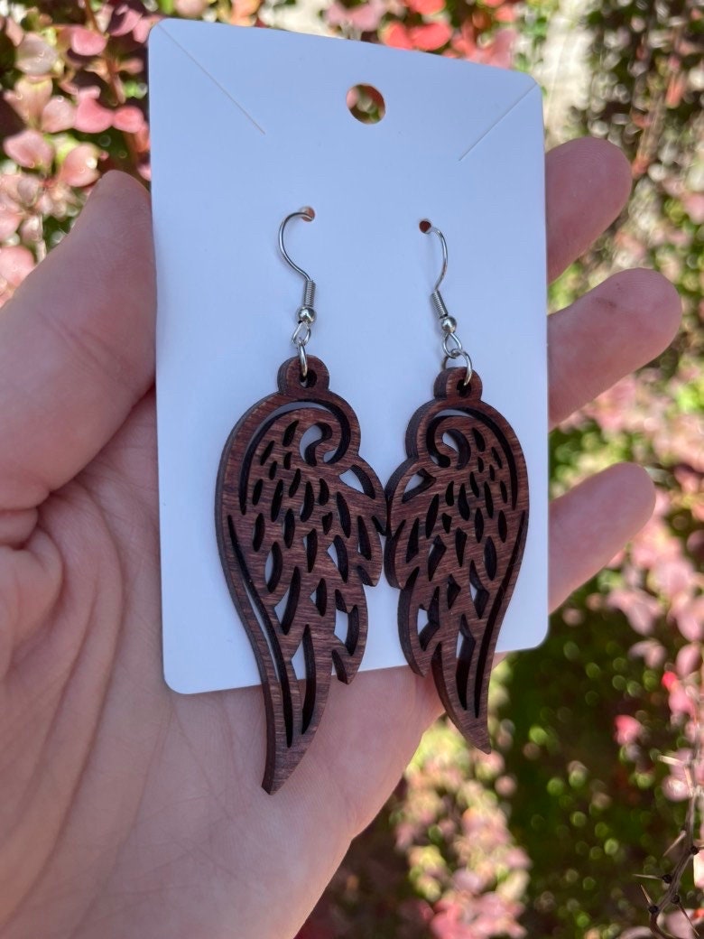 Angel Wings Earrings, Wooden Bird Earrings, Hypoallergenic