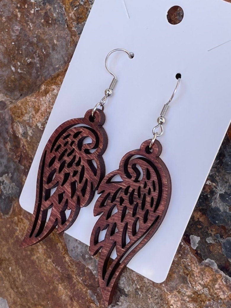 Angel Wings Earrings, Wooden Bird Earrings, Hypoallergenic