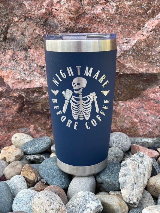 Nightmare Before Coffee Skeleton Tumbler, 20oz Stainless Steel Tumbler, Custom Engraved, Personalization Optional