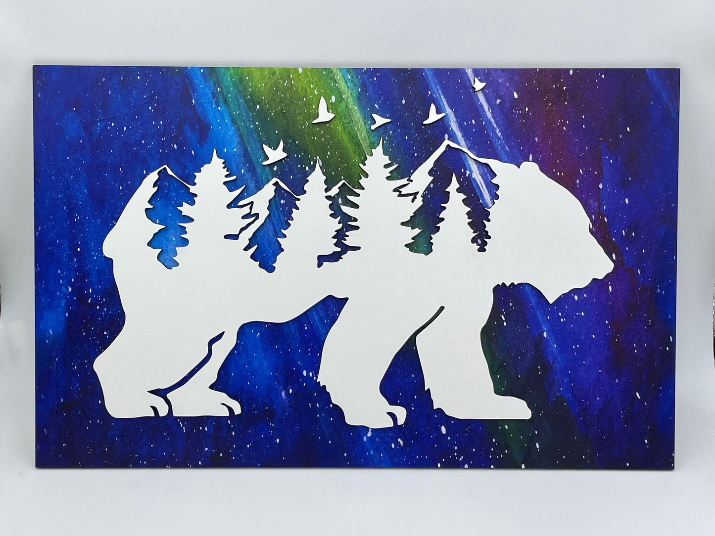 Northern Lights Bear and Forest Wood Wall Art