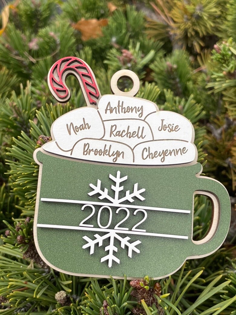 Hot Chocolate Marshmallow Ornament, Personalized Wooden, Layered Hot Cocoa