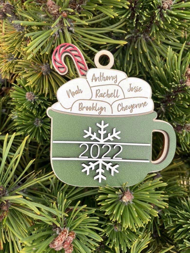 Hot Chocolate Marshmallow Ornament, Personalized Wooden, Layered Hot Cocoa