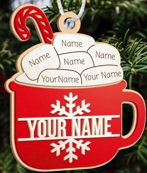 Hot Chocolate Marshmallow Ornament, Personalized Wooden, Layered Hot Cocoa