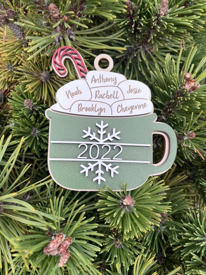 Hot Chocolate Marshmallow Ornament, Personalized Wooden, Layered Hot Cocoa