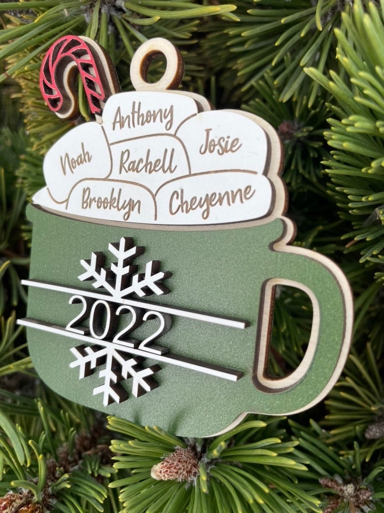 Hot Chocolate Marshmallow Ornament, Personalized Wooden, Layered Hot Cocoa