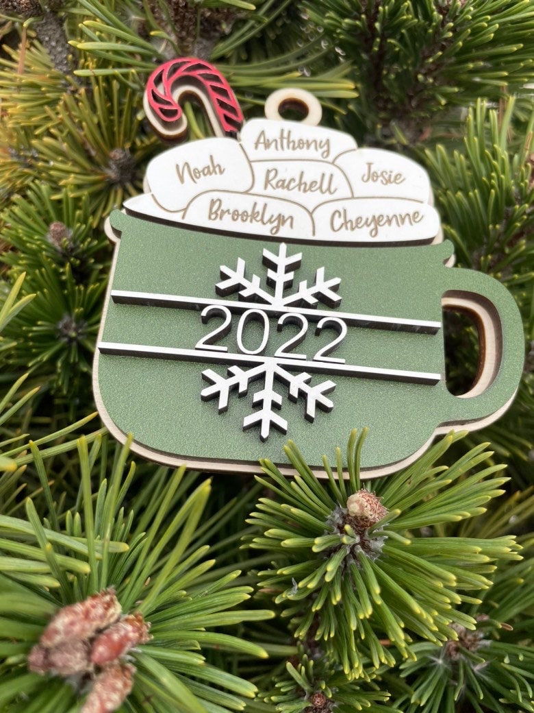 Hot Chocolate Marshmallow Ornament, Personalized Wooden, Layered Hot Cocoa