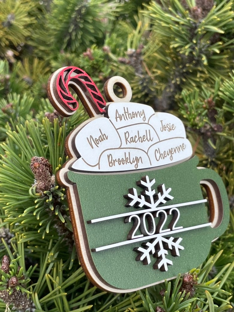 Hot Chocolate Marshmallow Ornament, Personalized Wooden, Layered Hot Cocoa